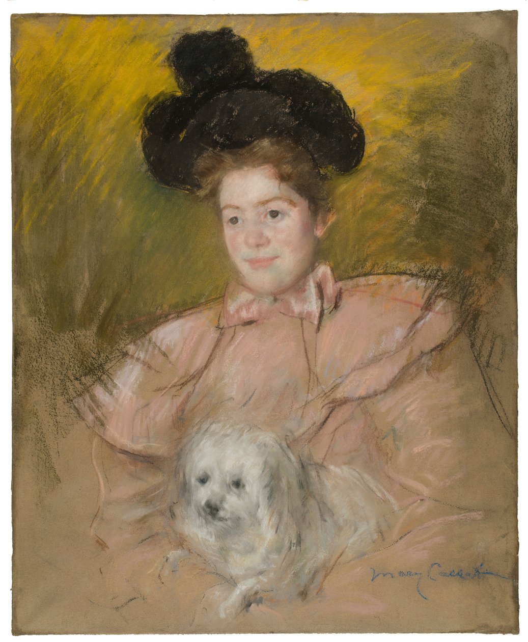 Ahududu Kostümlü, Köpek Tutan Kadın, c. 1901. by Mary Cassatt