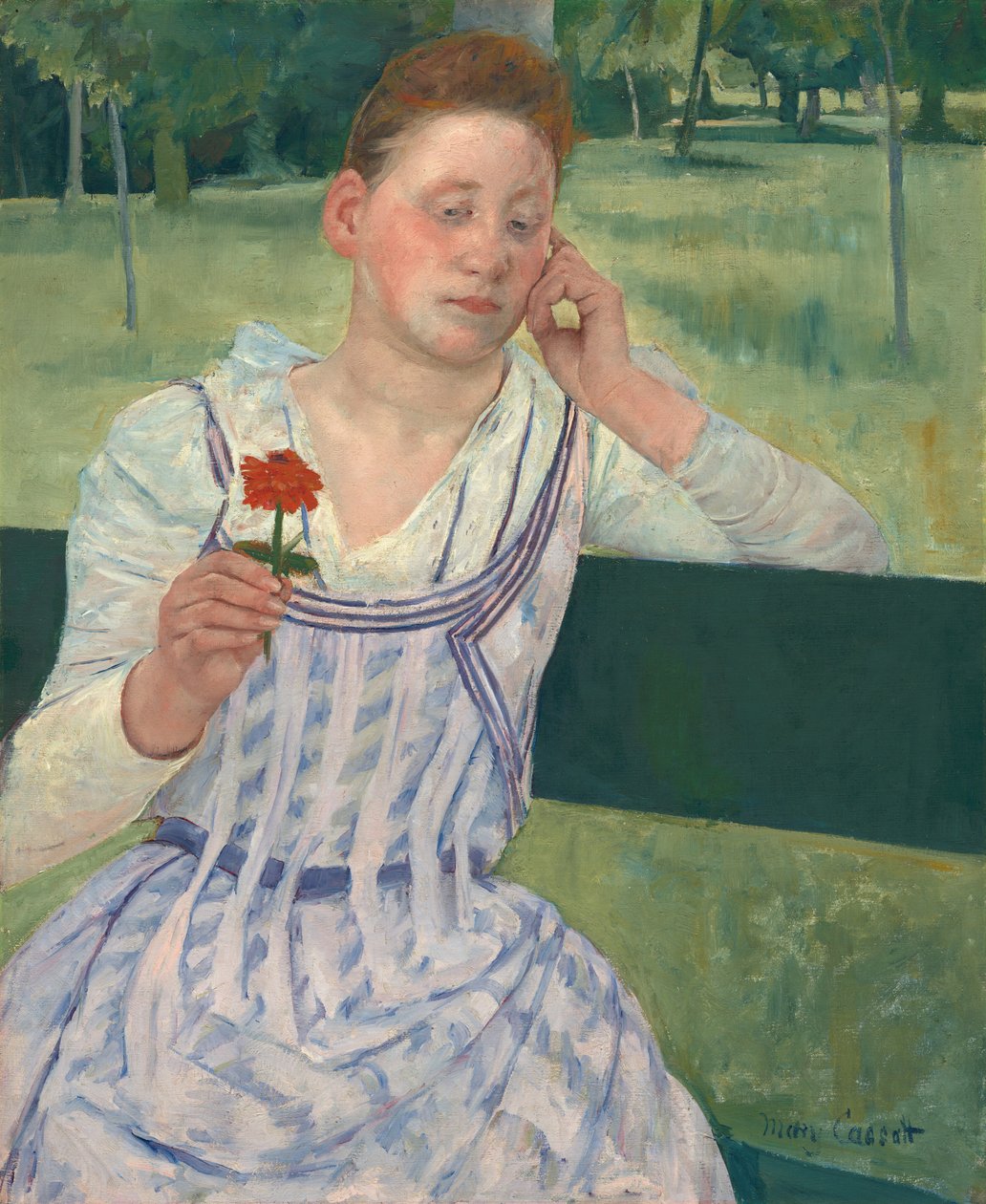 Kırmızı Zinnia olan kadın by Mary Cassatt