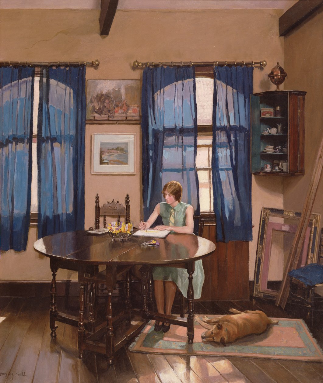 Kapı ayağı masasında resim yapan bir kadın ressamın olduğu iç mekan by Mary Dawson Elwell