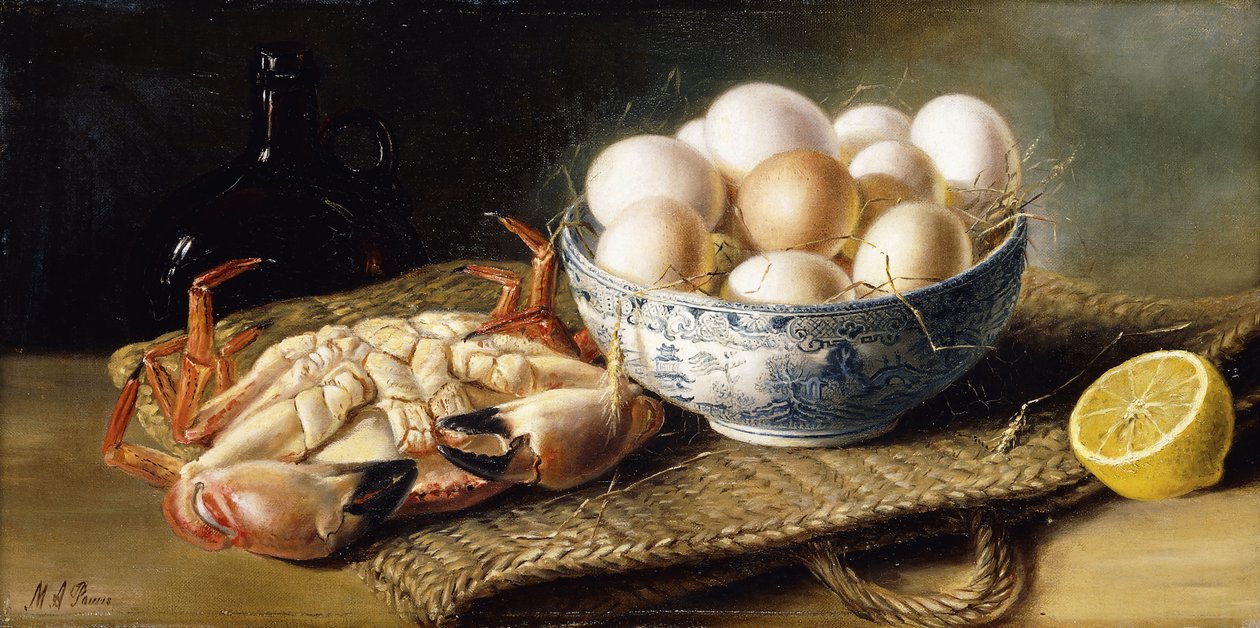 Sepette Bir Yengeç ve Bir Kase Yumurta, Bir Şişe ve Yarım Limon ile by Mary E. Powis