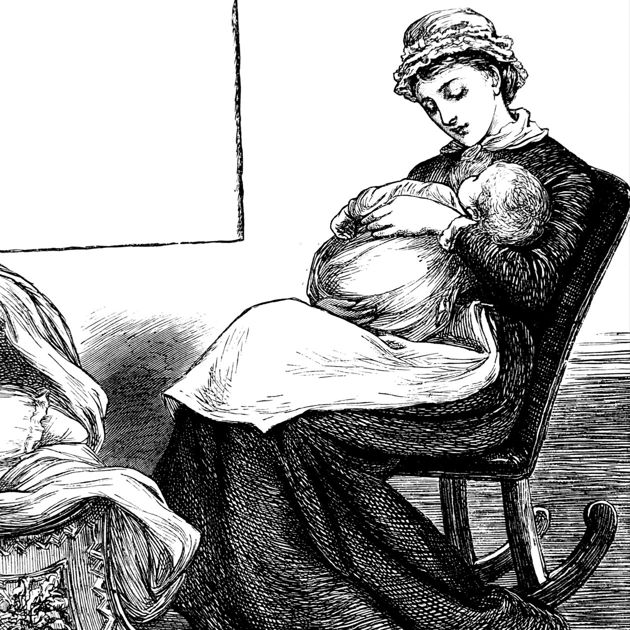 Bir sallanan sandalyede otururken çocuğunu kucaklayan bir anne by Mary Ellen Edwards