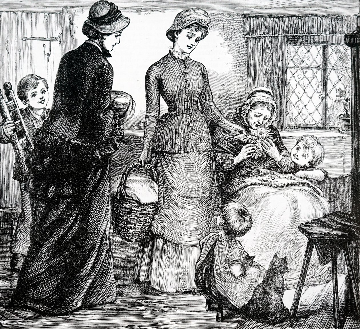 Fakir bir kulübeye hediyeler veren bir kadın. İngiliz sanatçı Mary Ellen Edwards (1838-1934) tarafından by Mary Ellen Edwards