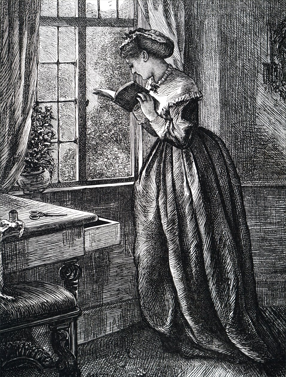 Açık bir pencerenin yanında kitap okuyan genç bir kadın. by Mary Ellen Edwards