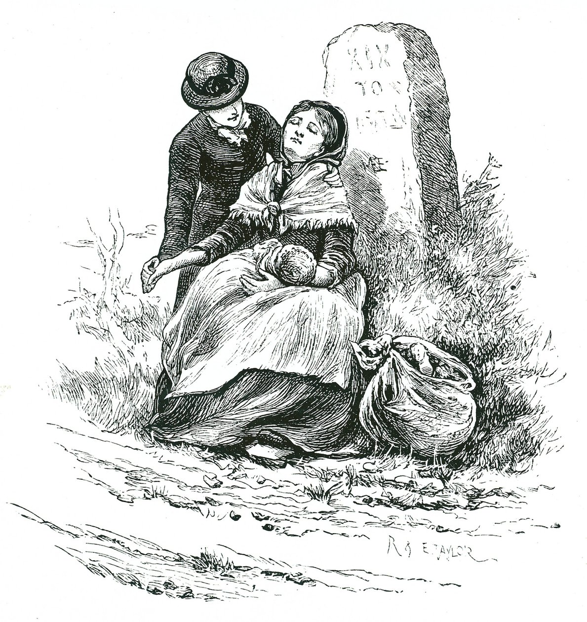Yoksul, bekar bir anne bebeğiyle birlikte Yetimhaneye giderken bitkin halde bulundu. Bir Thomas Hardy romanını andıran, ancak ülke genelinde kırsal alanlarda nadir olmayan bir sahne. Mary Ellen Edwards c1881