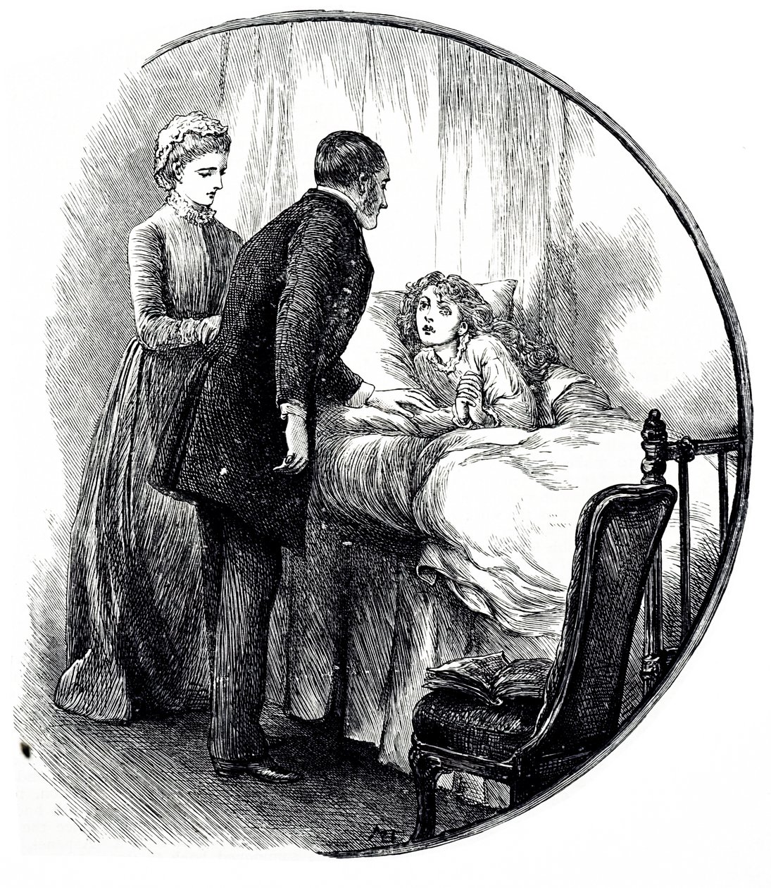 Genç hastasını evde ziyaret eden bir doktoru betimleyen bir gravür. Mary Ellen Edwards (1838-1934) tarafından çizilen bir İngiliz sanatçı ve çocuk kitaplarının üretken illüstratörü by Mary Ellen Edwards