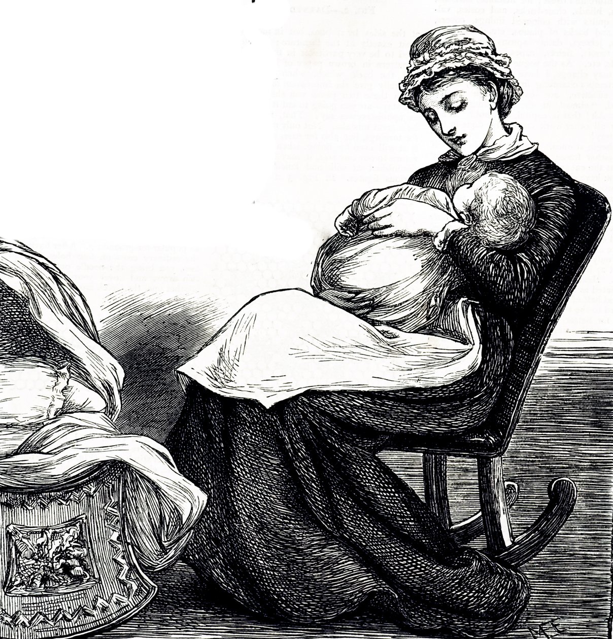 Bebeğini sallayan bir anneyi betimleyen bir gravür. Resimli Mary Ellen Edwards (1838-1934) bir İngiliz sanatçı ve çocuk kitaplarının üretken illüstratörü by Mary Ellen Edwards