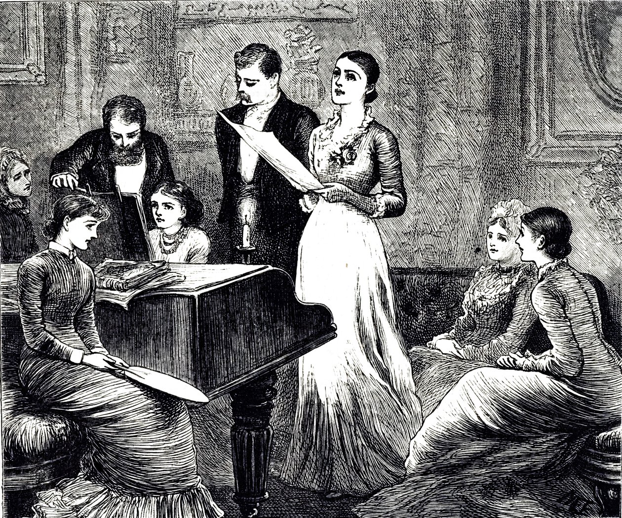 Müzikli bir akşamı tasvir eden bir gravür. Mary Ellen Edwards (1838-1934) tarafından çizilen bir İngiliz sanatçı ve çocuk kitapları illüstratörü by Mary Ellen Edwards