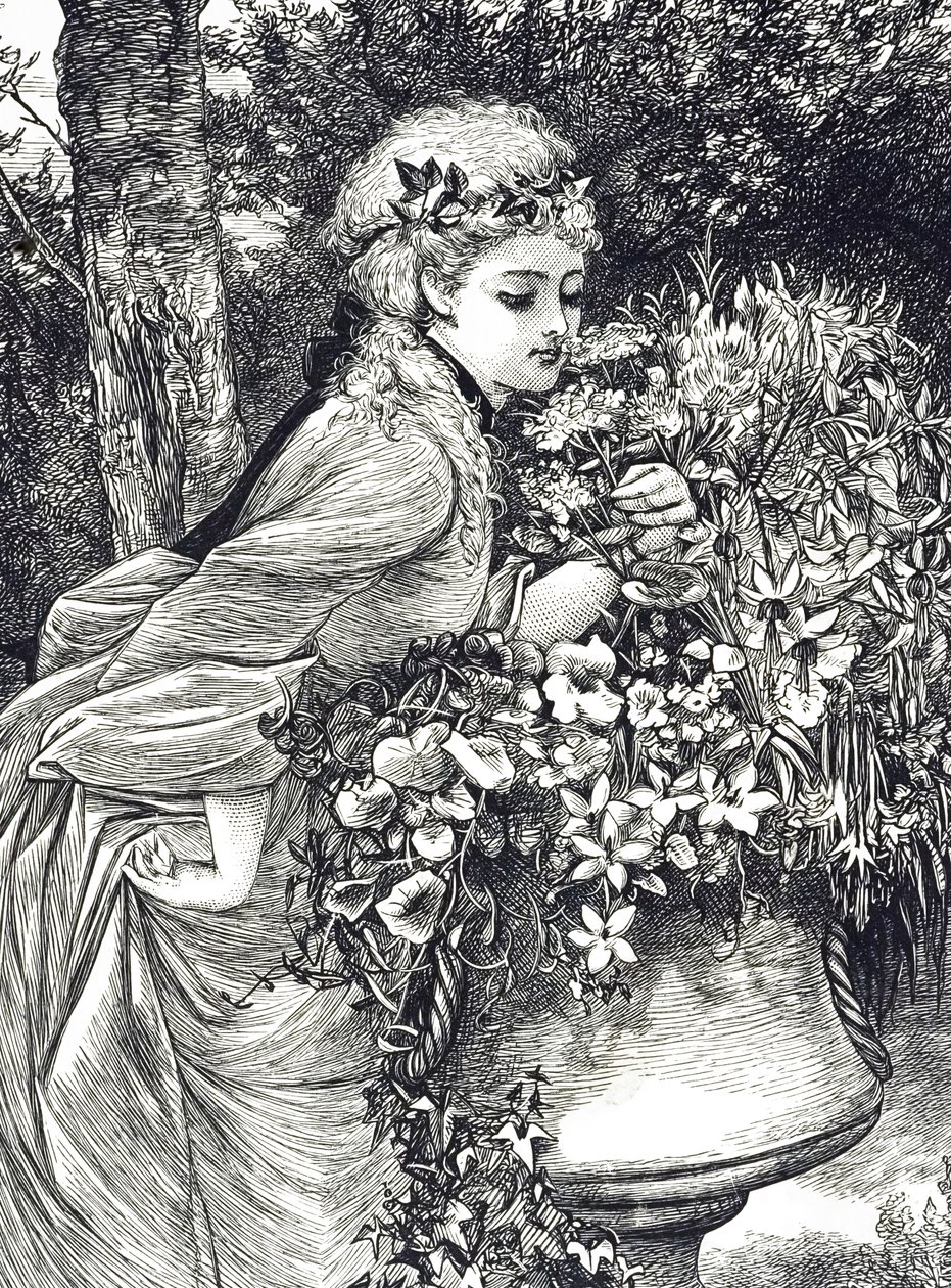 Bir bahçe vazosunda çiçek kokan genç bir kızı betimleyen bir gravür. Mary Ellen Edwards (1838-1934) tarafından çizilen bir İngiliz sanatçı ve çocuk kitapları illüstratörü by Mary Ellen Edwards