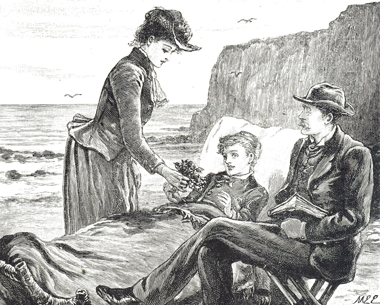 Deniz kenarında sakat bir çocuğu tasvir eden gravür by Mary Ellen Edwards