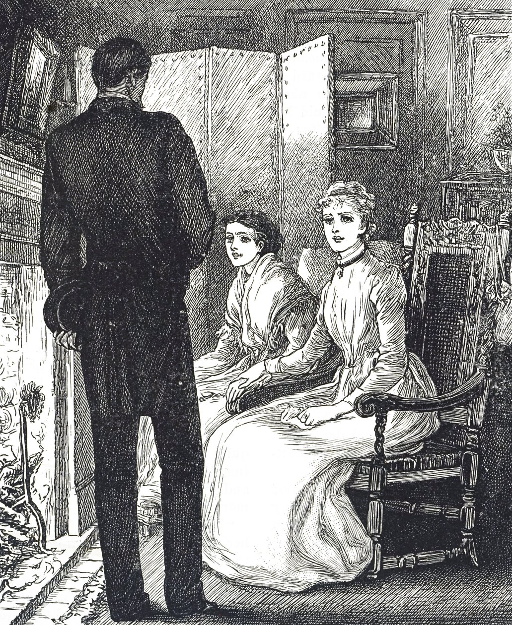 Şöminenin yanında ısınan iki kadını betimleyen gravür by Mary Ellen Edwards