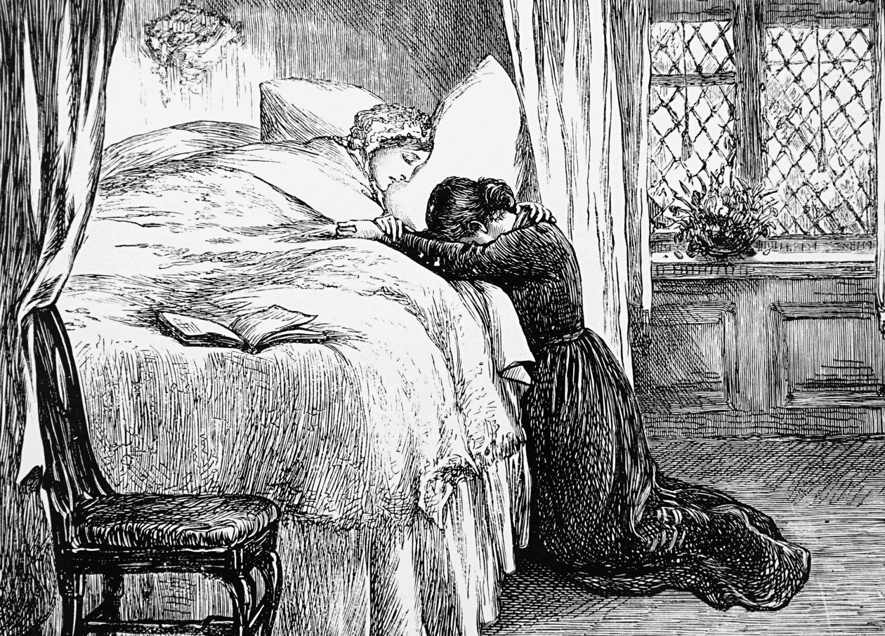 Annesinin ölüm döşeğinde ağlayan bir kızı tasvir eden illüstrasyon by Mary Ellen Edwards