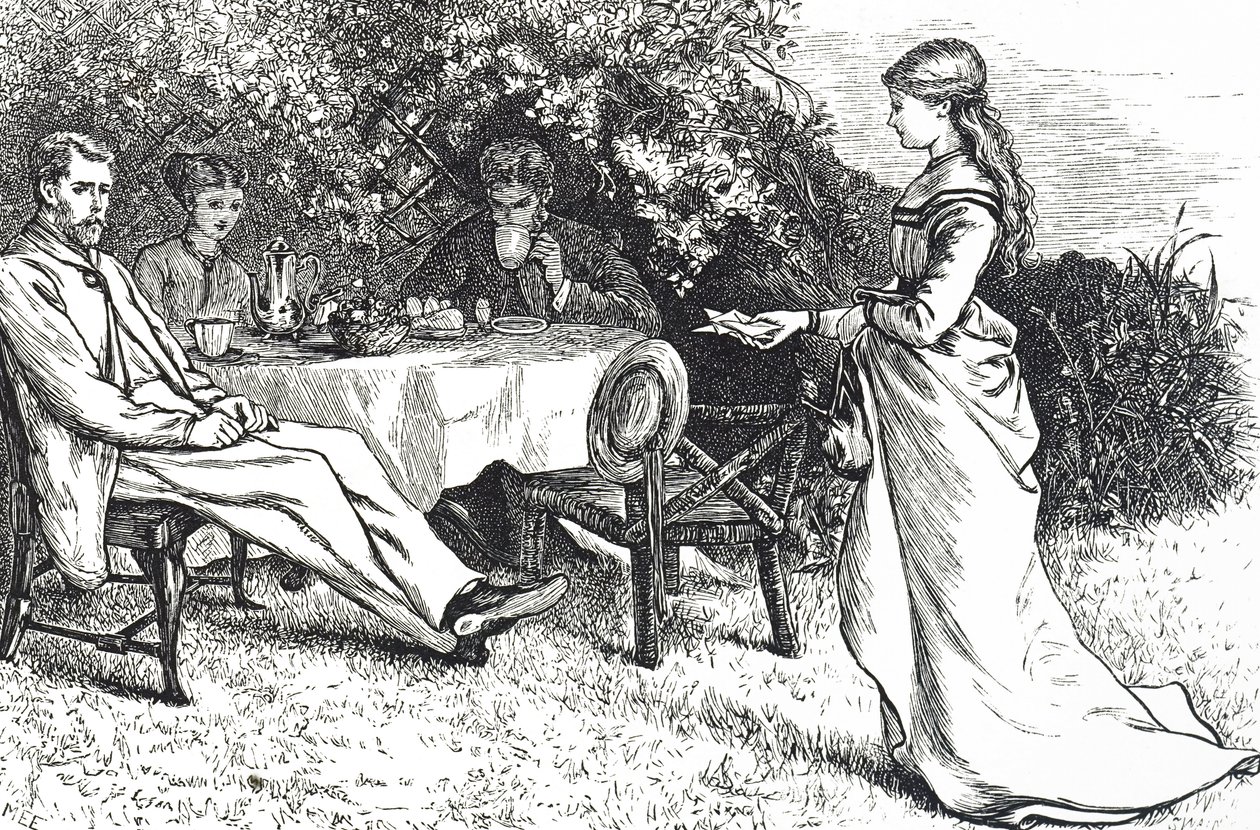 Bahçede kahvaltı yapan bir aileyi tasvir eden illüstrasyon by Mary Ellen Edwards