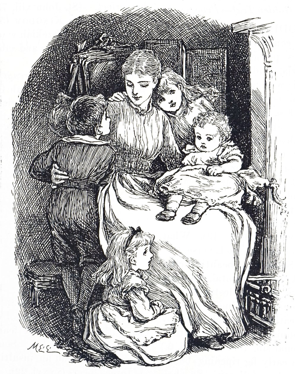 Çocuklarıyla birlikte bir anneyi tasvir eden illüstrasyon by Mary Ellen Edwards