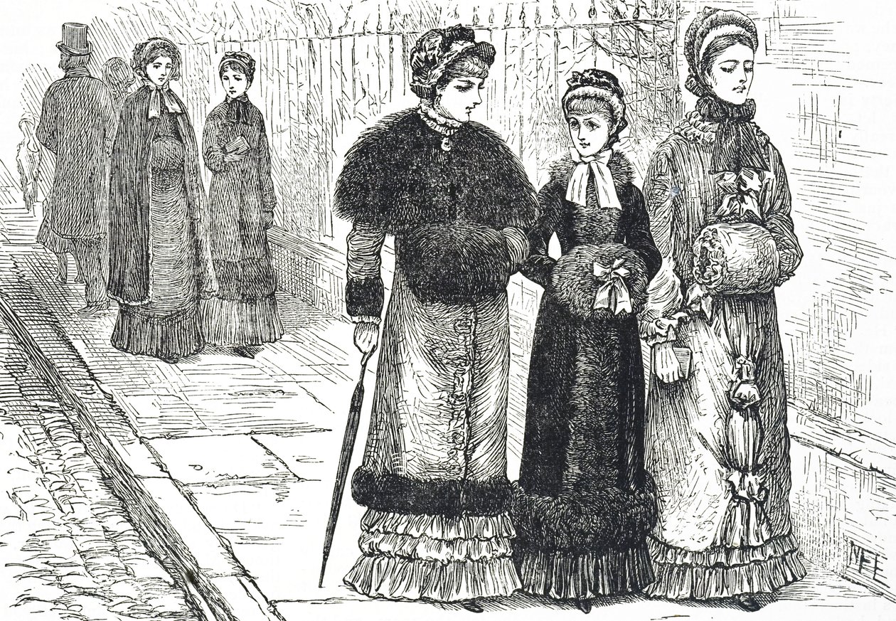 Soğuk havalarda ellerini sıcak tutmak için manşonlu genç kadınları gösteren illüstrasyon by Mary Ellen Edwards