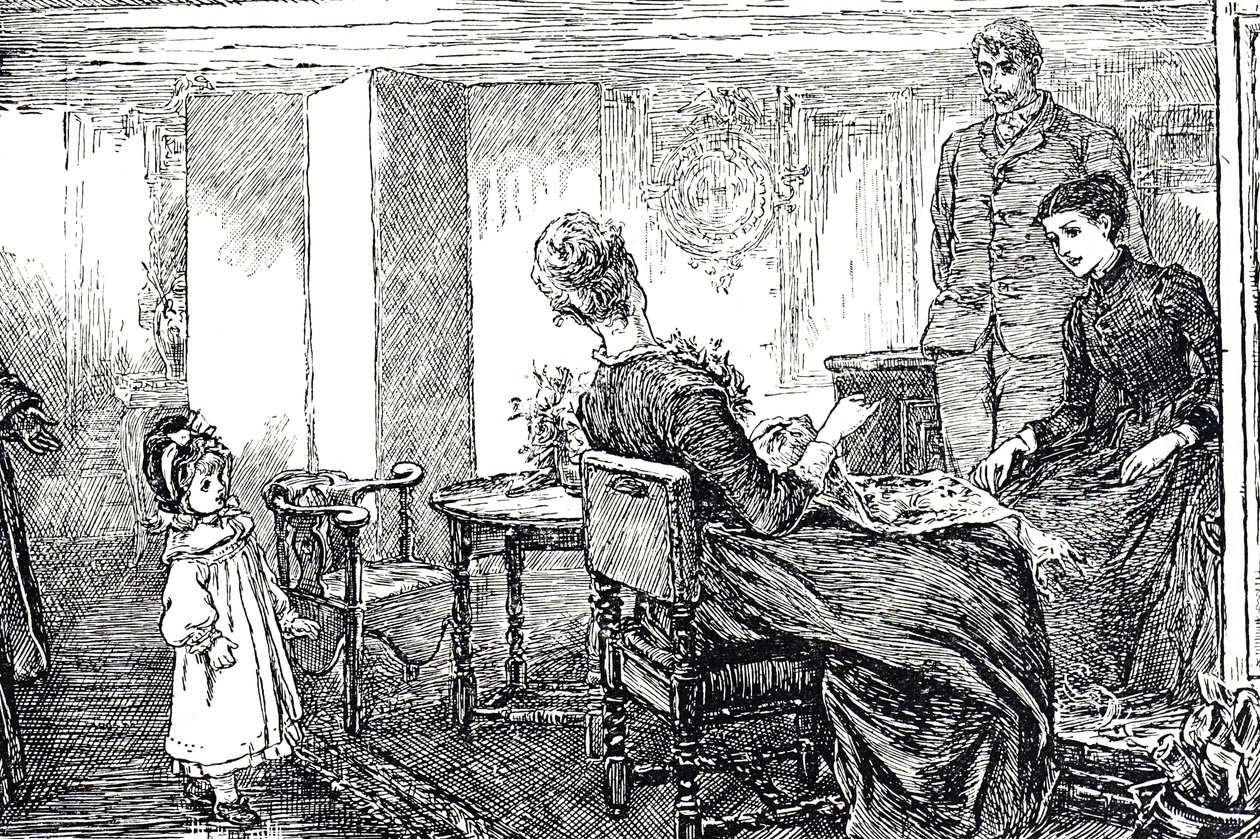Bir öğleden sonra teyzeleri ve amcası tarafından bakılan küçük bir kızın illüstrasyonu by Mary Ellen Edwards