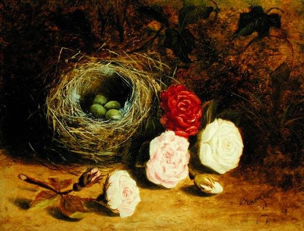 Kuş yuvası ve gül natürmort (tuval üzerine yağlı boya) by Mary Ensor