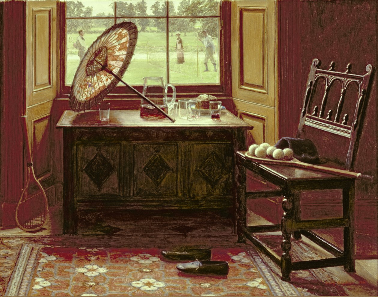 The Lawn Tennis Season, 1881 (kart üzerinde yağlı boya) by Mary Hayllar