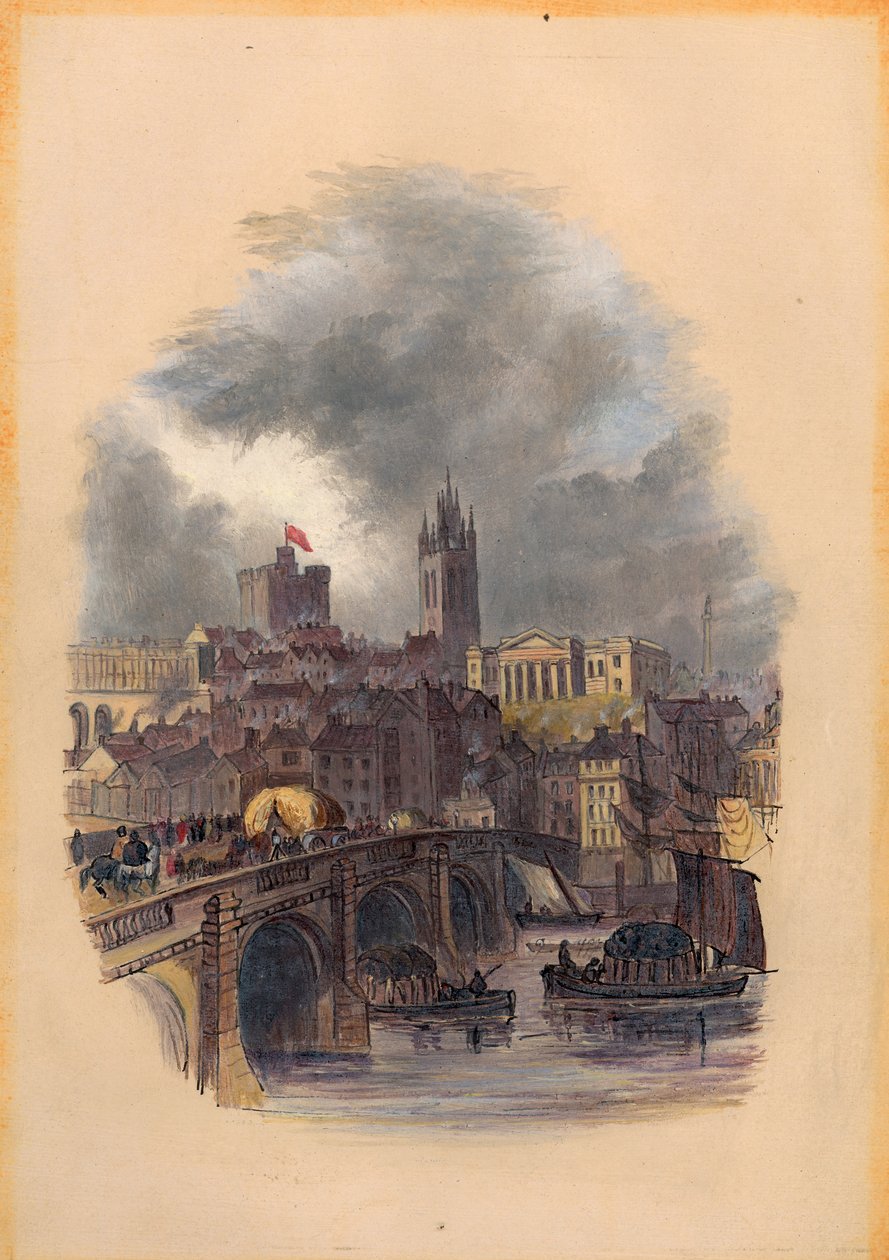 Old Tyne Köprüsü, Münazara Salonu, St Nicholas Katedrali ve Kalesi (kağıt üzerinde mürekkep ve tuvalet) by Mary Jane Hancock