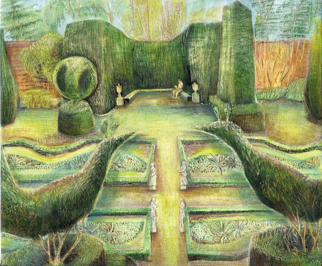 The Long Garden, Cliveden, kuşlar, 2002 (gemide yağ) by Mary Kuper