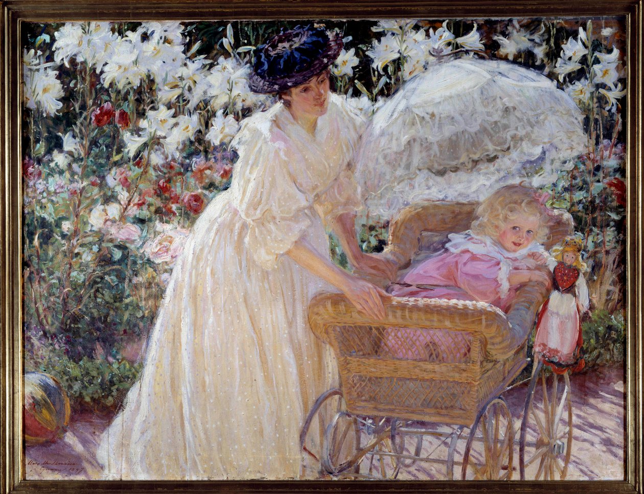 Gül ve zambak Bir anne ve küçük kızı bir çiçek bahçesinde bir bebek arabasında. Mary Mac Monnies (1858-1946) 1897 Rouen tarafından yapılan tablo, Güzel Sanatlar Müzesi by Mary Louise MacMonnies