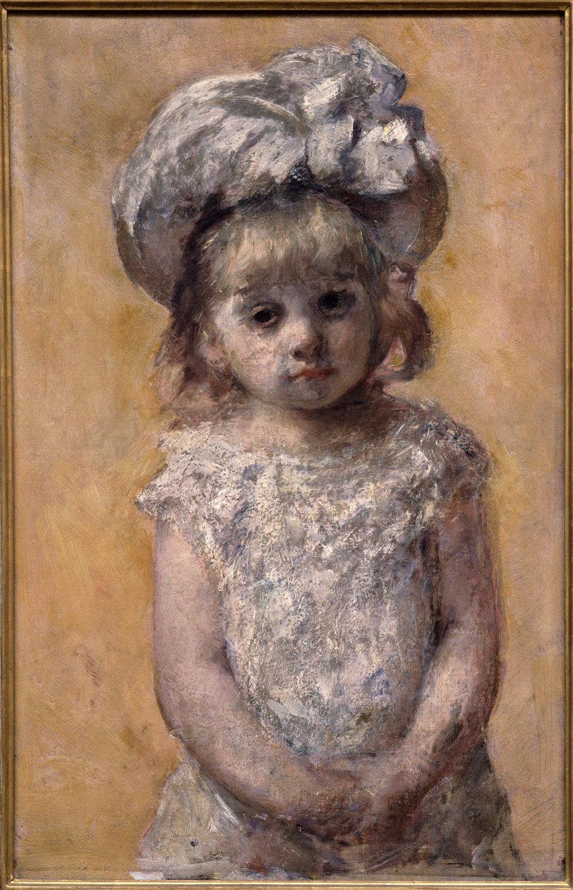 Kız ya da dantel elbise portresi. Beyaz elbiseli küçük bir kızın portresi üzgün görünüyor. Amerikalı Mary Cassatt
