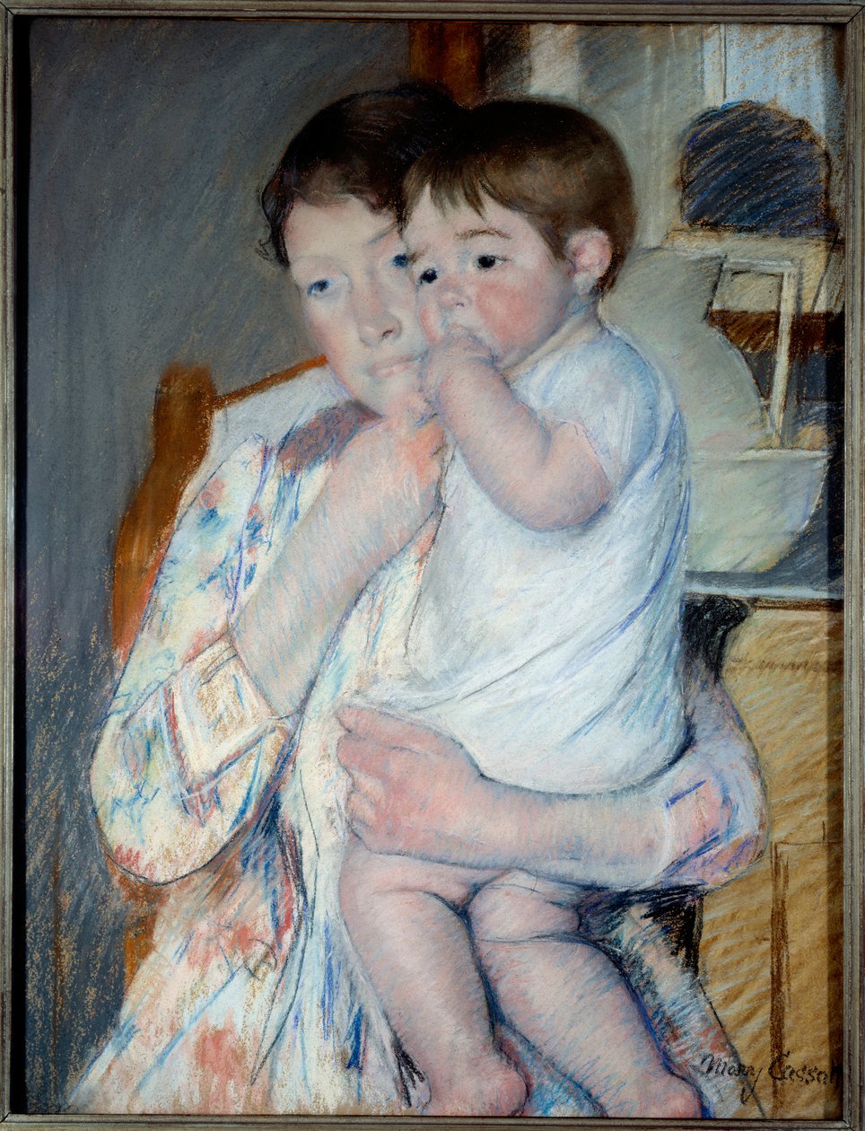 Kadın ve çocuk, içinde reçel ve kase bulunan bir tabletin önünde. Mary Cassatt