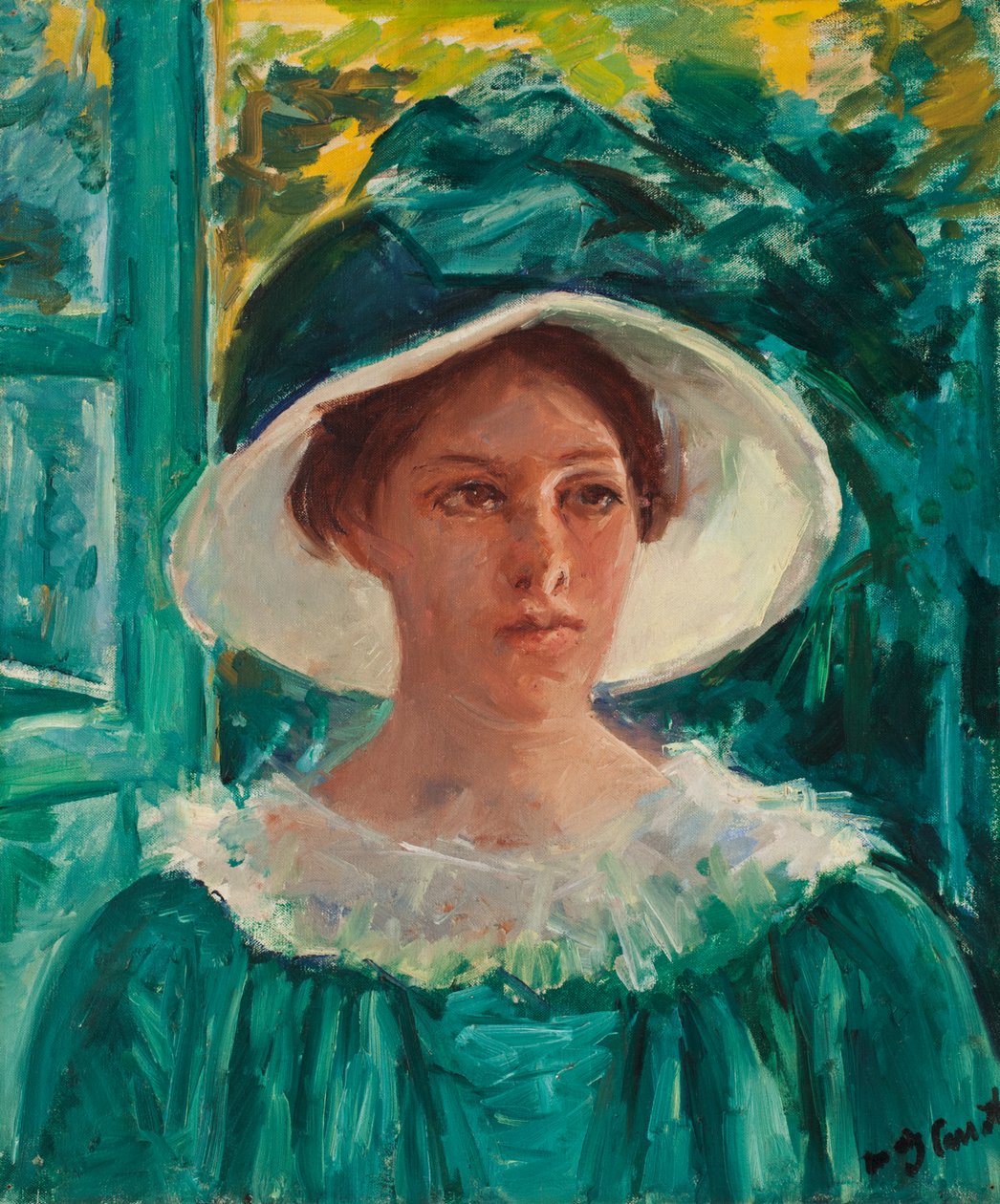 Yeşilli Genç Kadın, Açık Havada Güneş (Genç Bir Kadının Başı), c. 1914 (tuval üzerine yağlı boya) by Mary Stevenson Cassatt