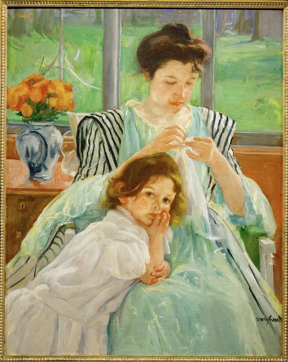 Genç anne dikiş dikiyor (tuval üzerine resim) by Mary Stevenson Cassatt