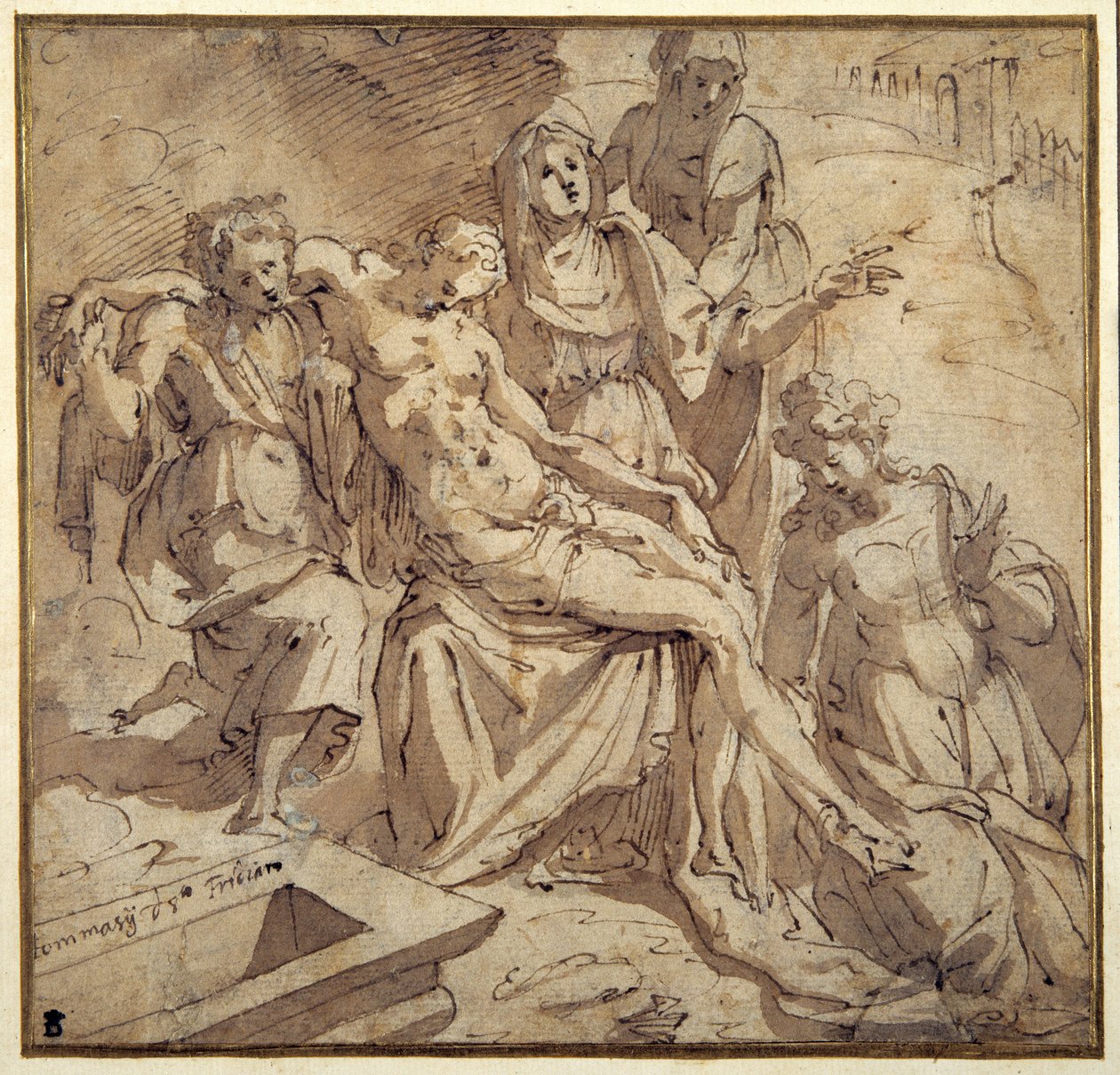 Pieta (beyaz kağıt üzerinde kahverengi yıkama ile kalem ve kahverengi mürekkep) by Maso da San Friano