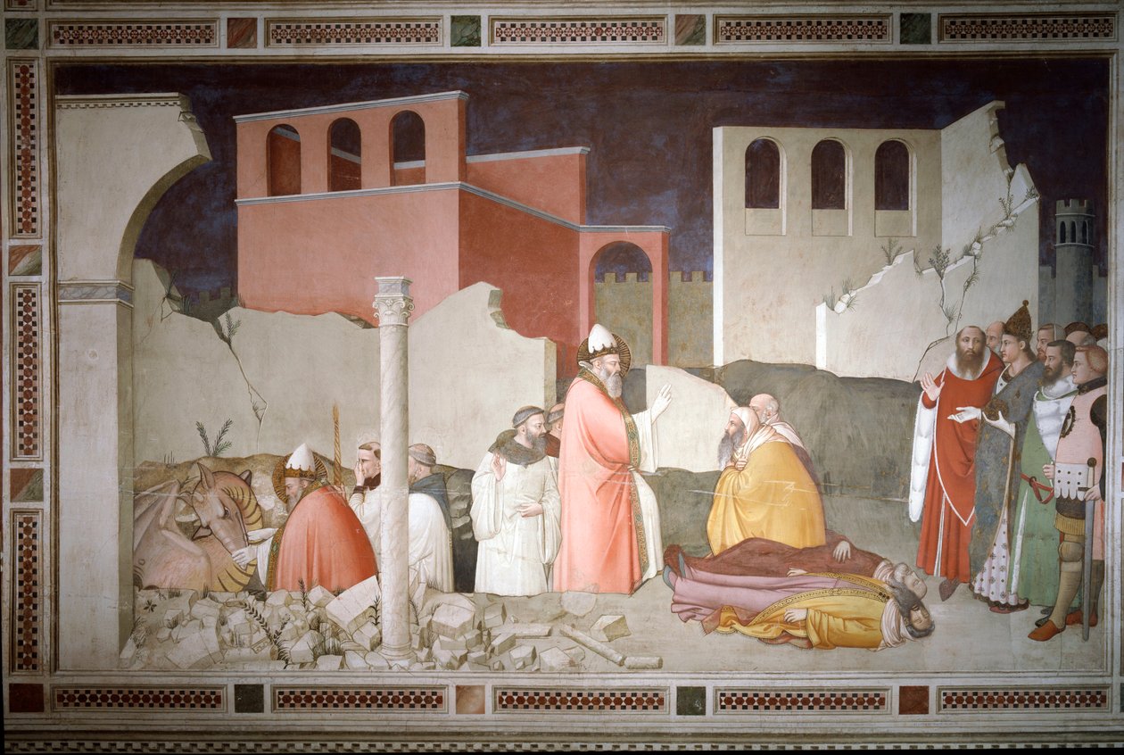Yılbaşı Gecesi Bölümleri: Papa Saint Sylvester I (Silvester veya Silvestro) (314-335) ejderhanın ağzını kapatır (solda) ve ejderhanın nefesiyle iki magi terasını diriltir (Papa Sylvester I bir ejderhayı geri çevirir ve canlandırır. kurbanları) - Fre by Maso di Banco