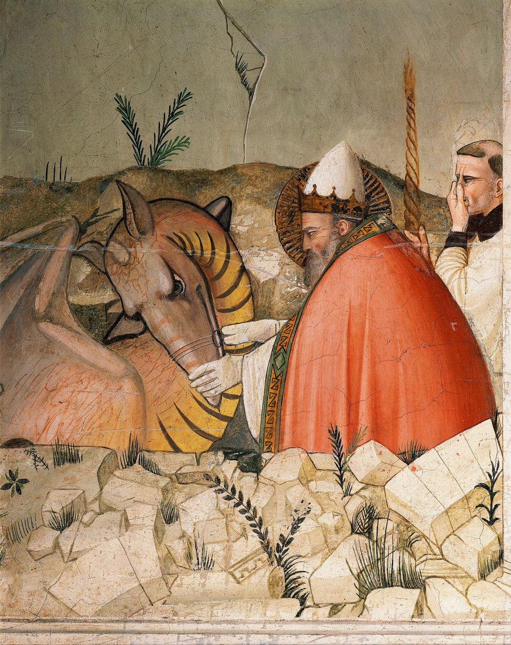 Yılbaşı Gecesi hayatından bölümler: Papa Saint Sylvester I (Silvester veya Silvestro) (314-335) ejderhanın ağzını kapatır. Detay. Maso di Banco tarafından yapılan fresk (1341-1346 civarında bilinir) 14. yüzyıl Floransa, Chiesa di Santa Croce, Cappella Bard by Maso di Banco