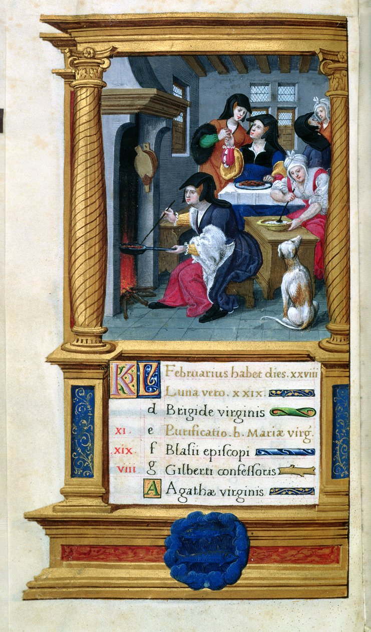 MS W449 fol.3v Şubat: Yemek Pişirme ve Şölen, c.1525 by Master Jean de Mauleon
