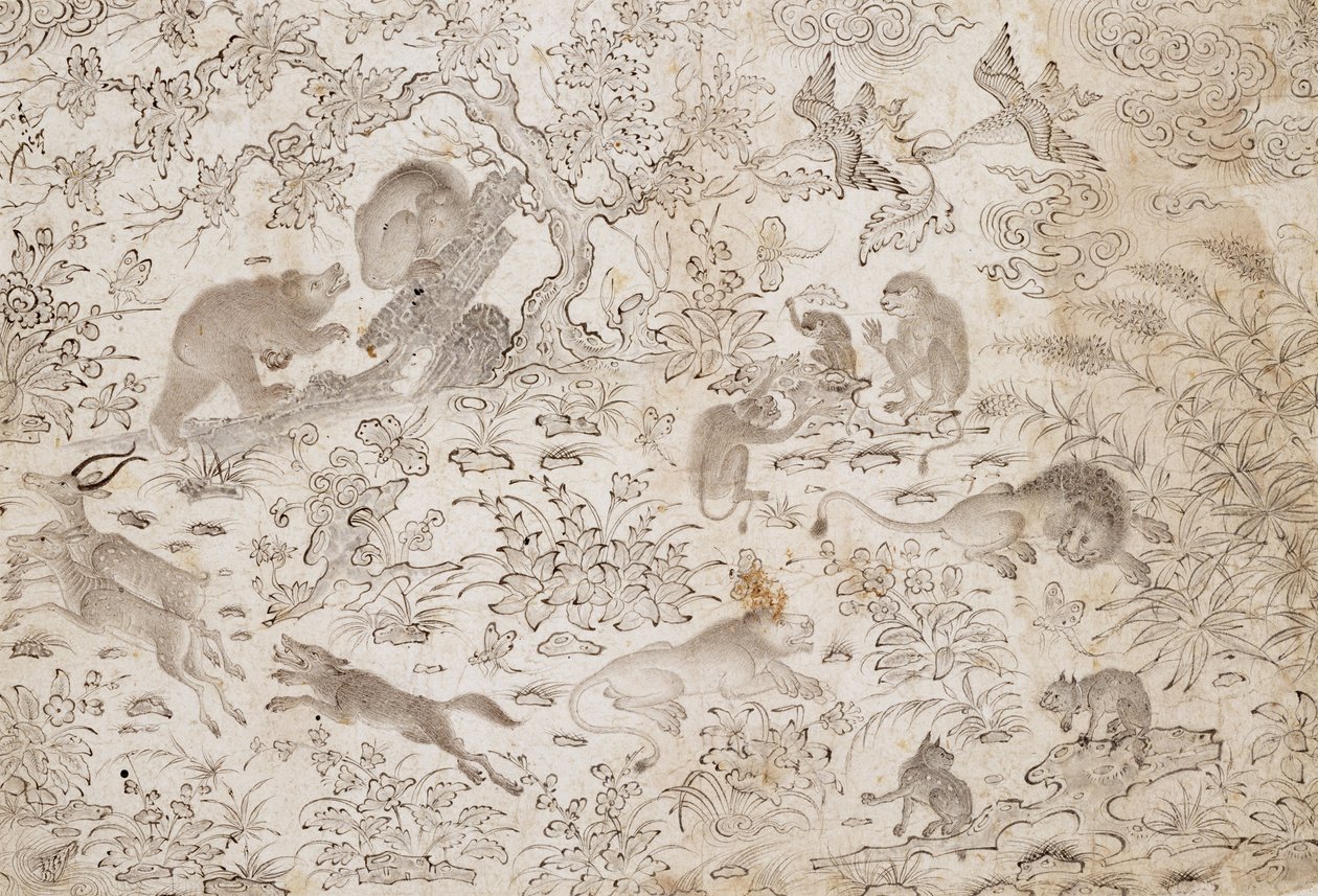 Çiçekli Bir Manzarada Kuşlar ve Canavarlar by Master Muhammad Siyah Qalam