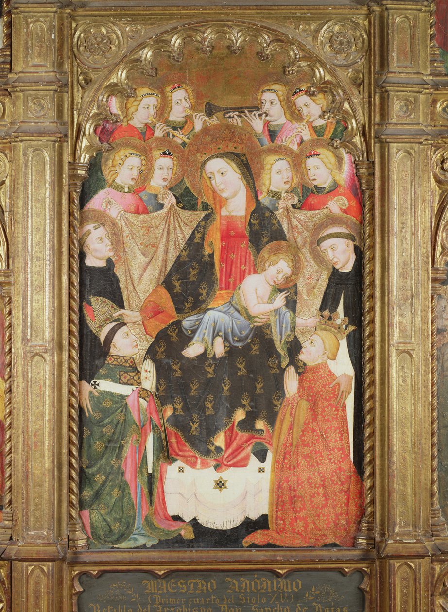 Melekler, Dominik Azizleri ve İki Bağışçı ile Bakire ve Çocuğu gösteren Altarpiece by Master of Archbishop Don Sancho Rojas