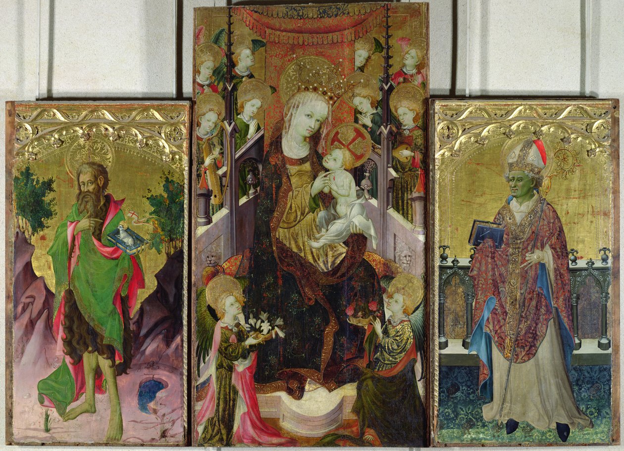 Vaftizci Yahya ve Aziz Ambrose ile Meleklerle Çevrili Madonna ve Çocuk, 1400-30 (ayrıntılar için bkz. 95111) by Master of Burgo de Osma
