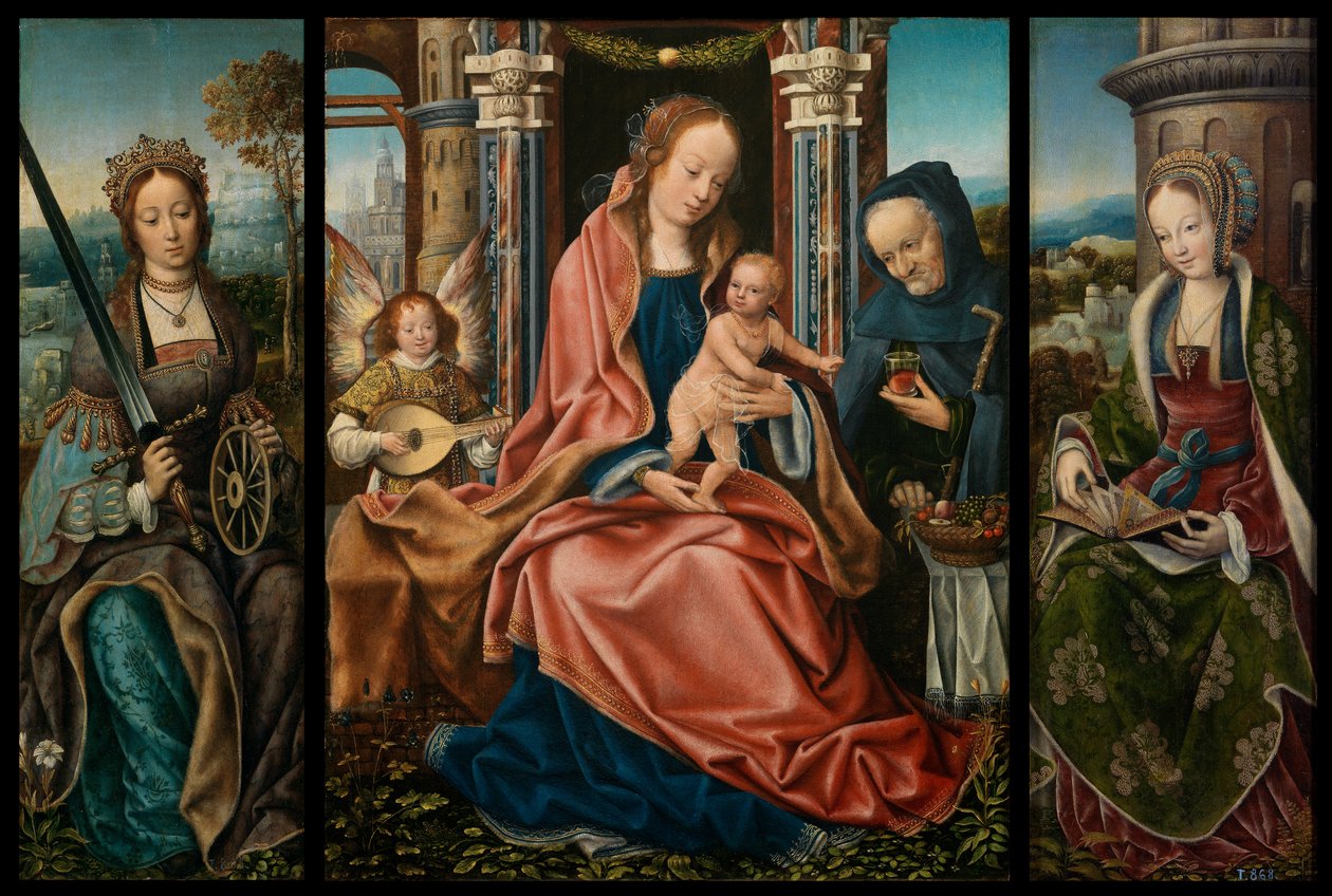 Müzisyen melek ile Kutsal Aile, İskenderiyeli Aziz Catherine, Aziz Barbara by Master of Frankfurt