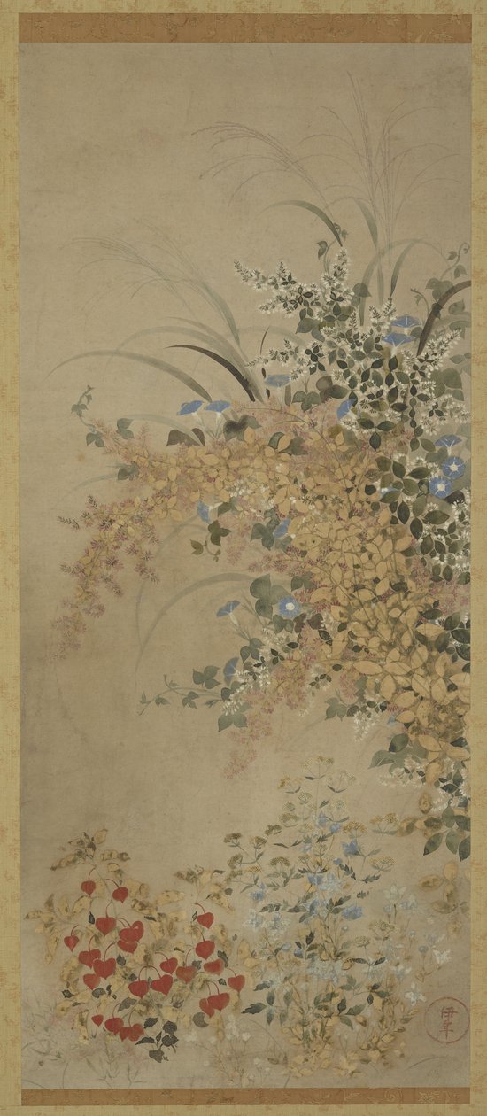 Çiçekler ve çimenler, Asma kaydırma (panel üzerine monte edilmiş), 1600-30 (kağıt üzerine mürekkep ve renkli) by Master of I nen Seal