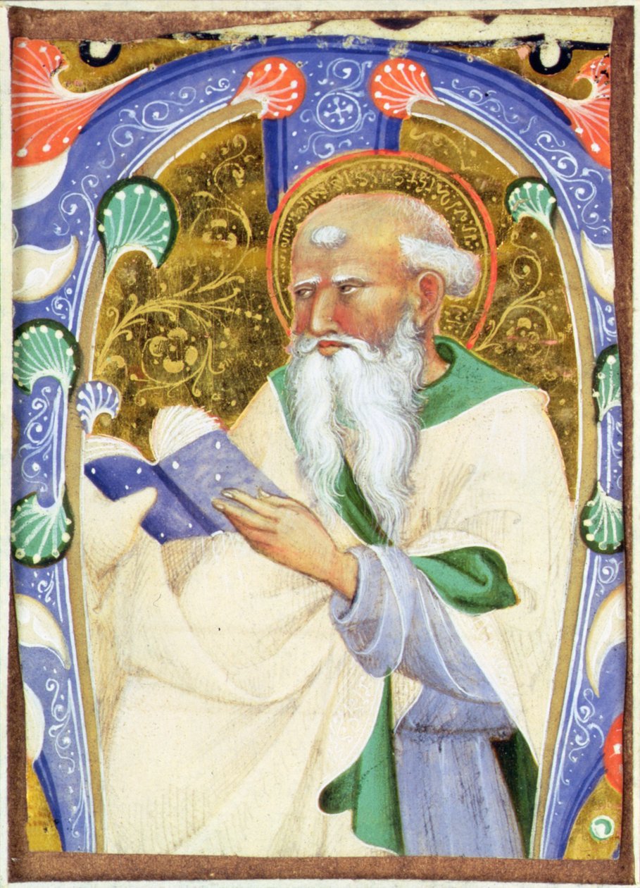 Sakallı bir azizi bir kitapla betimleyen tarihi ilk M by Master of San Michele of Murano