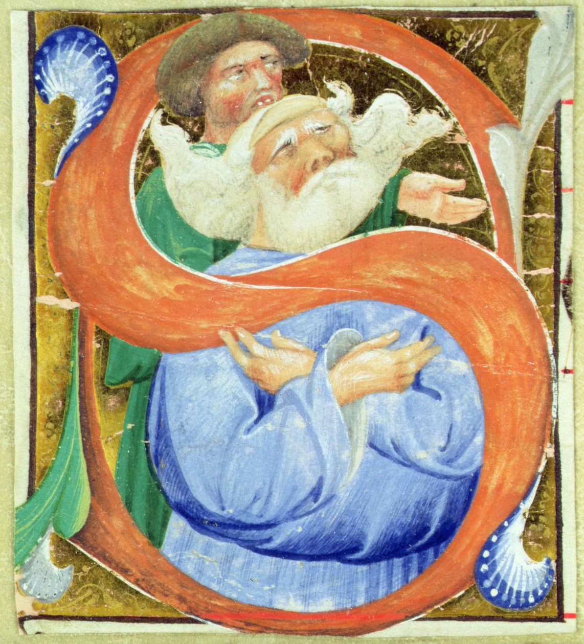 Dua eden yaşlı bir adamı betimleyen tarihi baş harfi S by Master of San Michele of Murano