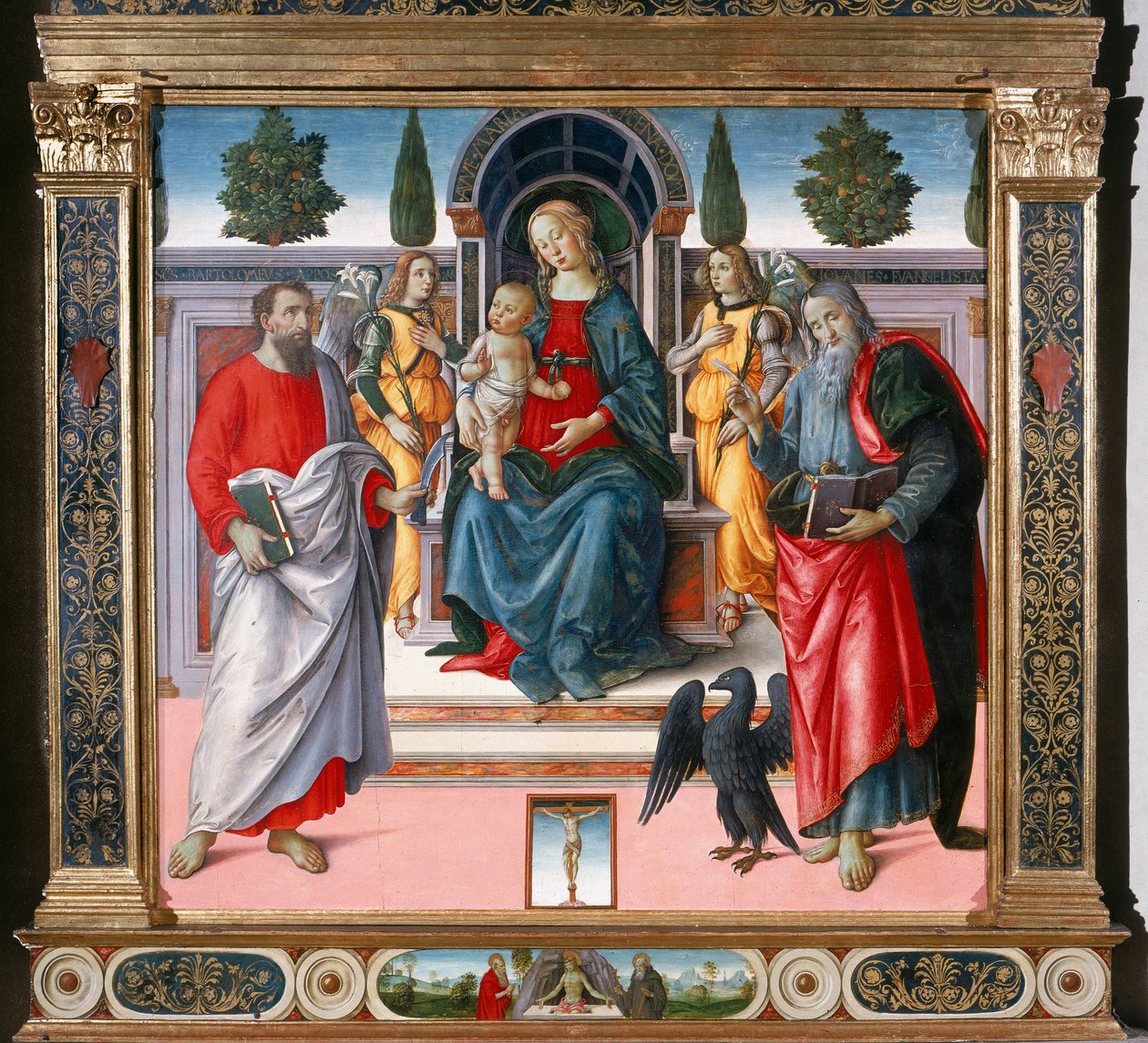 Madonna ve Enthroned Çocuk, İki Melek, St. Bartholomew ve St. John the Evangelist. by Master of Santo Spirito Master of Santo Spirito