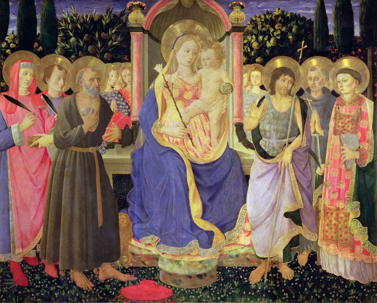 Madonna ve Çocuk azizlerle taçlandırılmış (altarpiece) (panel) by Master of the Buckingham Palace Madonna