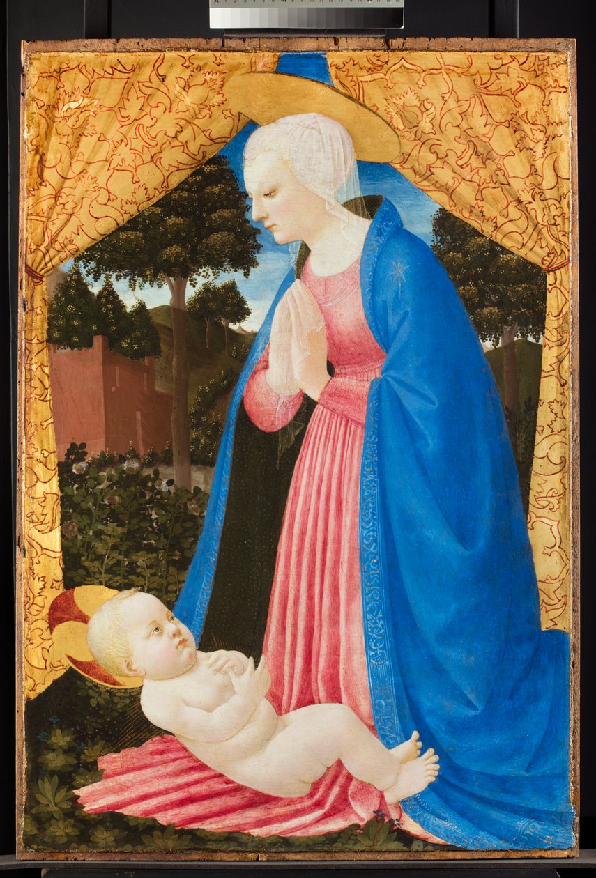 Çocuğa tapan bakire, 15. yüzyılın sonları (panelde yağlı sır ve altın ile tempera) by Master of the Castello Nativity