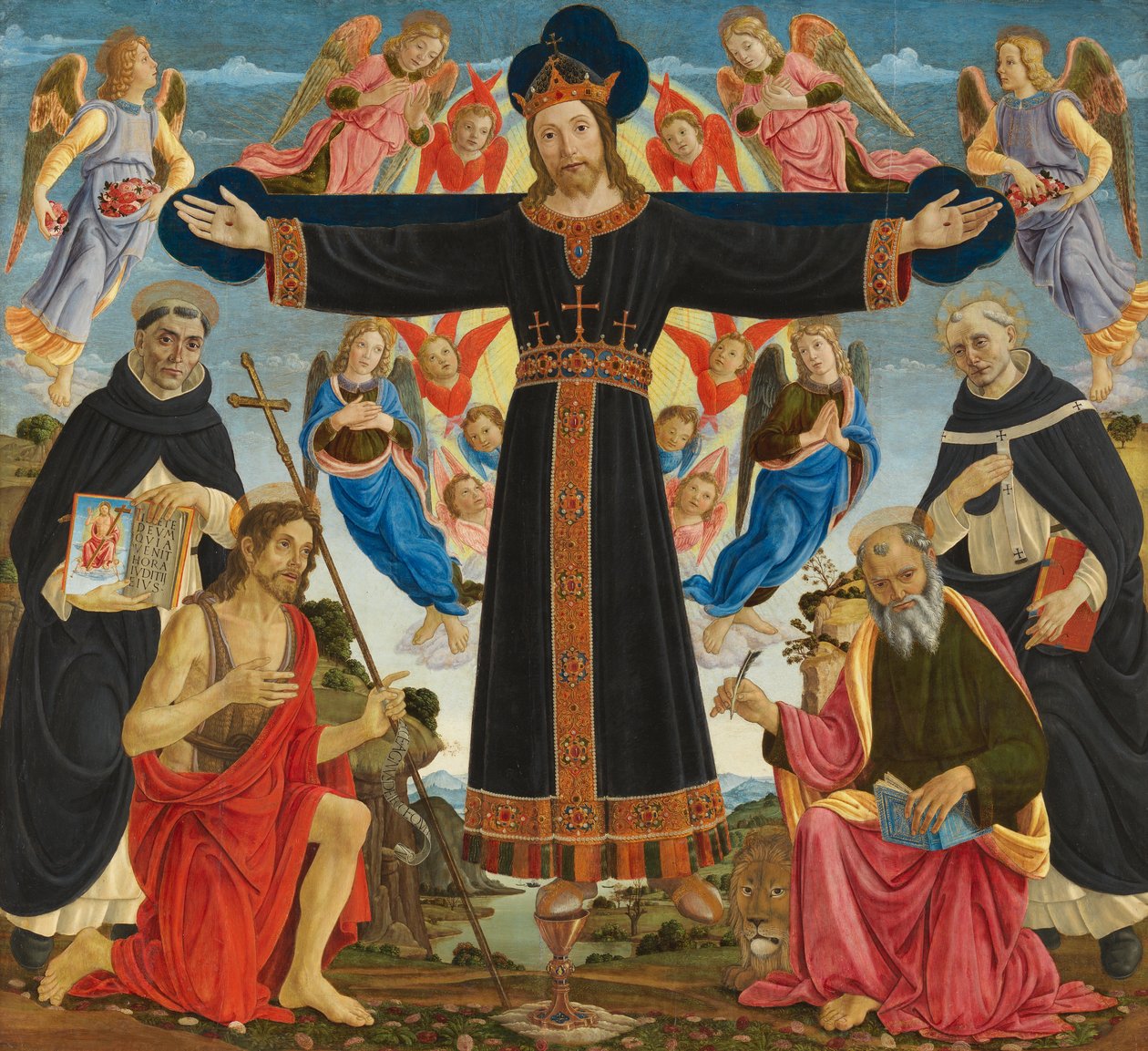 Aziz Vincent Ferre, Vaftizci Yahya, Mark ve Antonius ile Haç Üzerinde İsa, c.1491-5 (panelde tempera ve yağ) by Master of the Fiesole Epiphany
