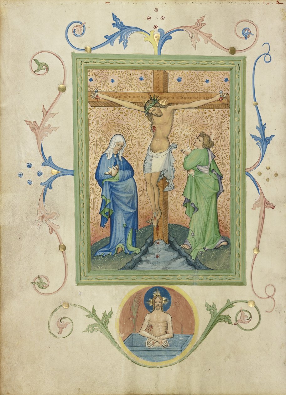Collegium Ducale misalinden Çarmıha Gerilme, c.1420-30 (tempera renkleri, altın varak ve parşömen üzerine mürekkep) by Master of the Kremnitz Stadtbuch