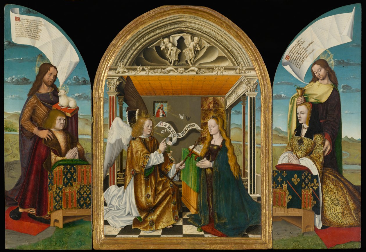 Azizler ve Bağışçılarla Müjde, Latour dAuvergne Triptych, c.1497 (panelde tempera ve yağ) by Master of the Latour dAuvergne Triptych Master of the Latour dAuvergne Triptych