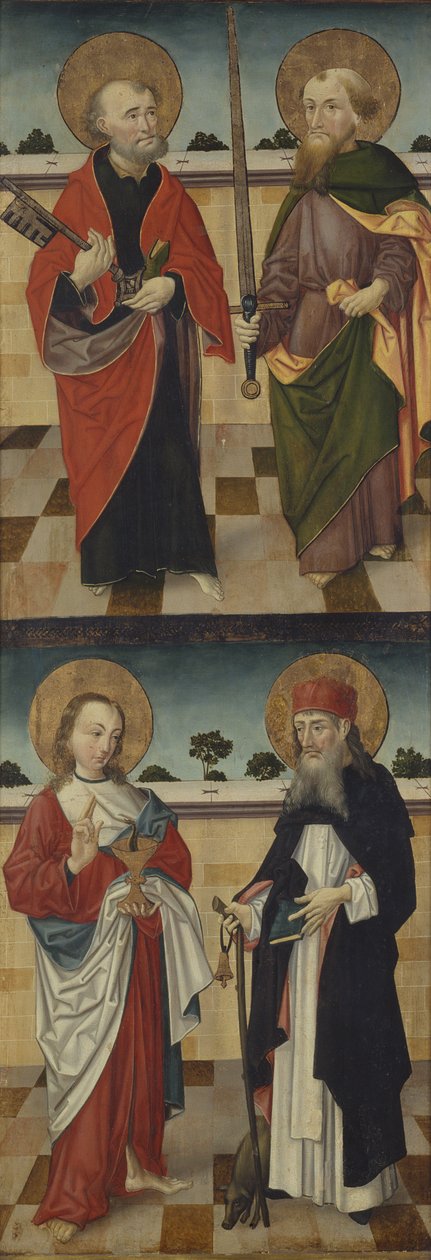 Üstte: St. Peter Anahtar Tutuyor ve St. Paul Kılıç Tutuyor; Altta: Evangelist Aziz John, Yılan İçeren Bir Kadeh Tutuyor ve Büyük Aziz Anthony, Ayaklarında Domuzla Bir Hacı Çubuğu Tutuyor, by Master of the Luneburg Footwashers