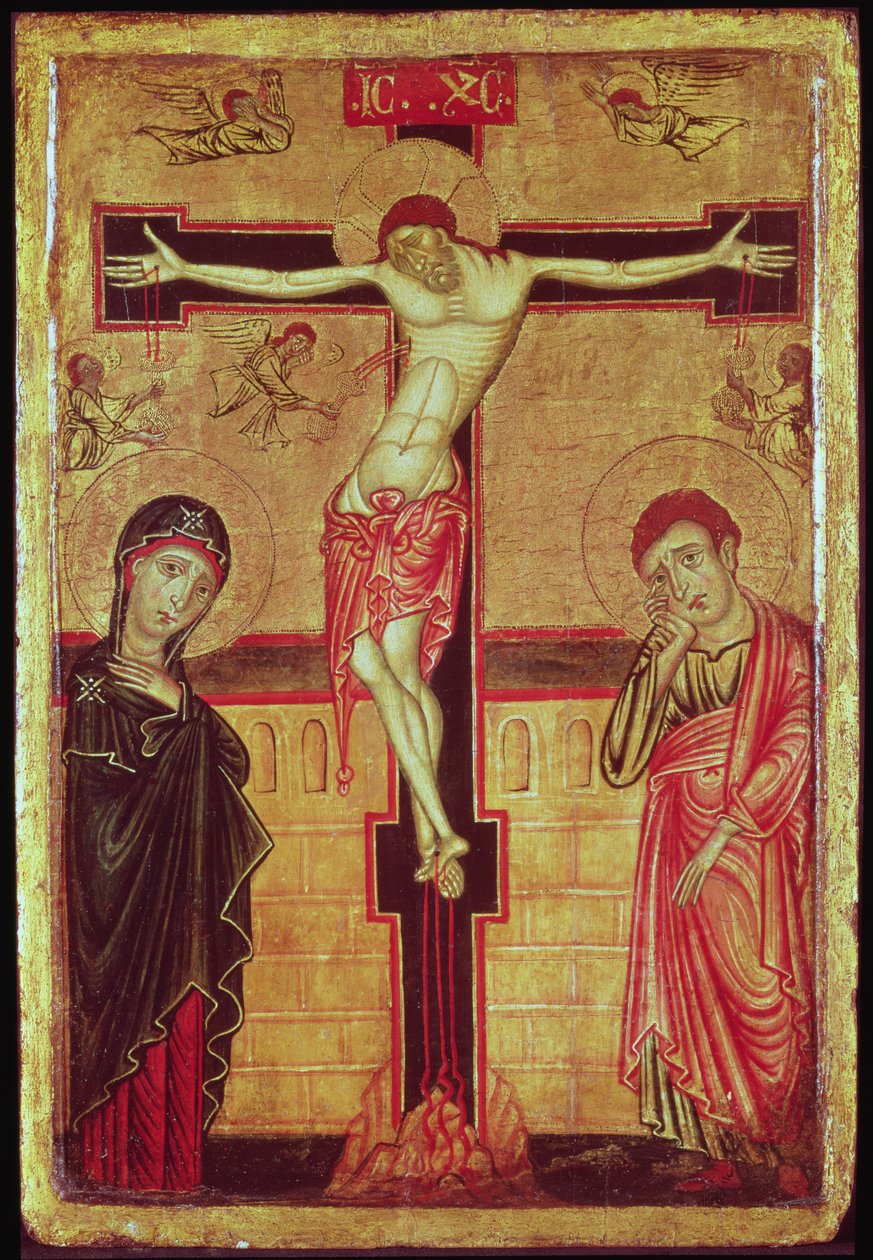 Haç Üzerinde İsa, Meryem Ana, Evangelist Aziz John ve Beş Melek ile (panelde mizaç) by Master of the Magdalene Altarpiece