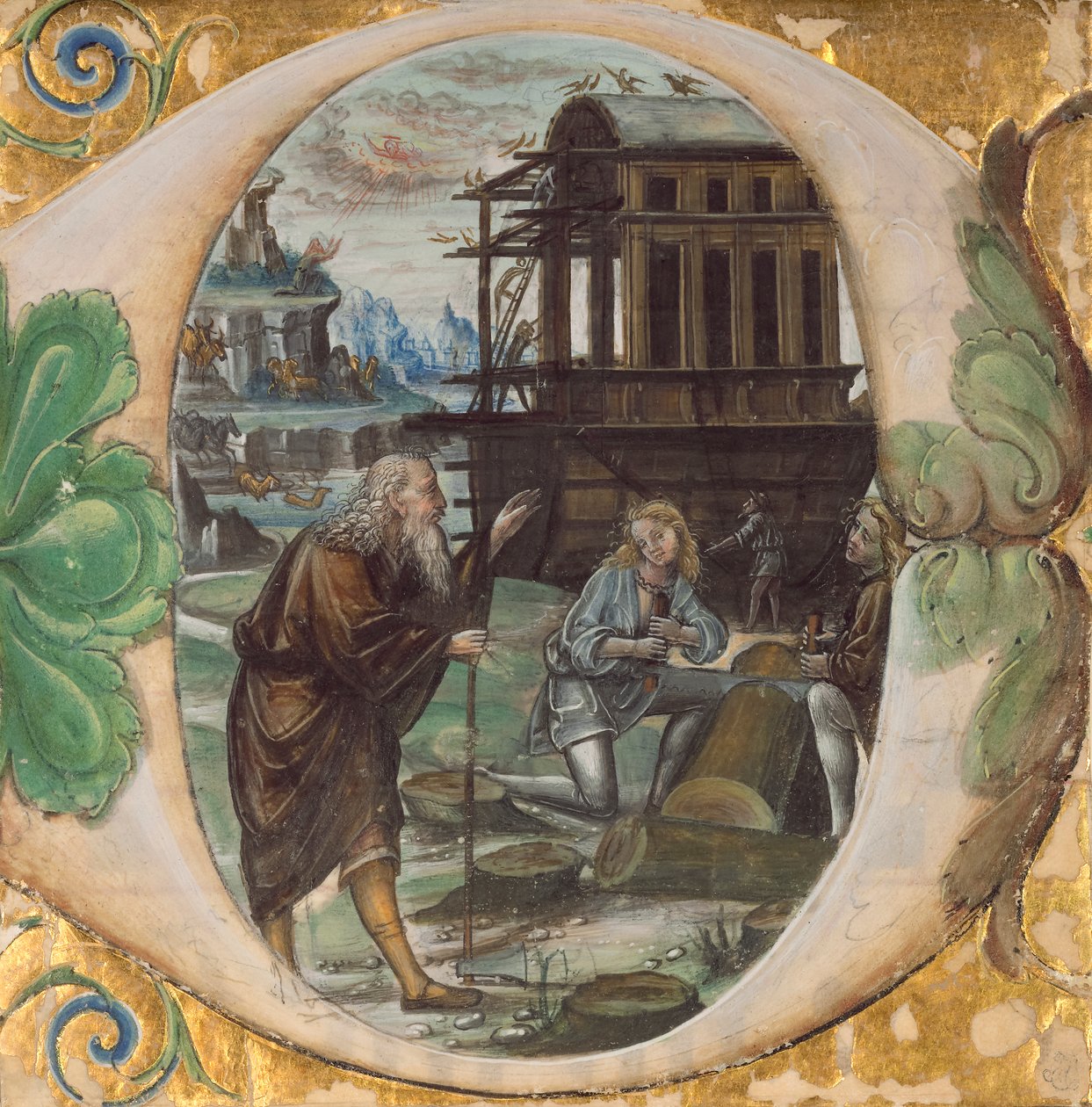 İlk D: Nuh Geminin İnşasını Yönetiyor, c.1500 (tempera, altın varak ve parşömen üzerine mürekkep) by Master of the Monogram B.F Master of the Monogram B.F