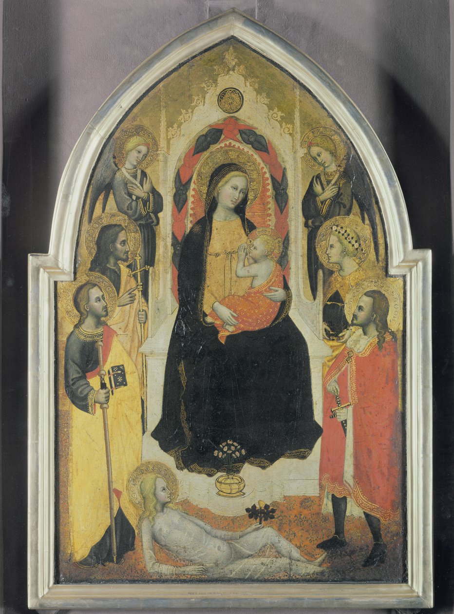 Melekler ve azizlerle Bakire ve Çocuk, c.1390-95 (panelde öfke) by Master of the Straus Madonna