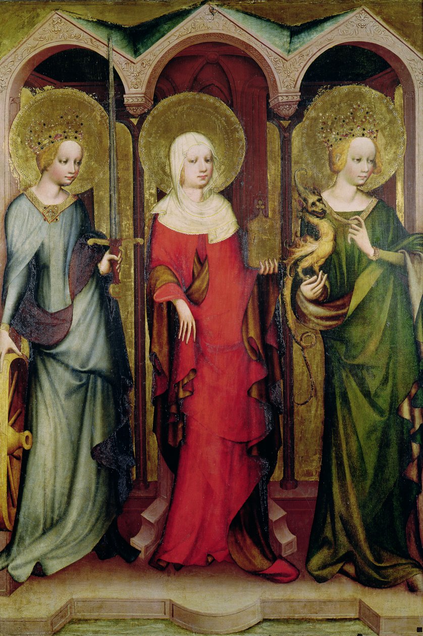 İskenderiyeli Azize Katerina, Mecdelli Meryem ve Antakyalı Aziz Margaret, c.1380 (panelde mizaç) by Master of the Trebon Altarpiece